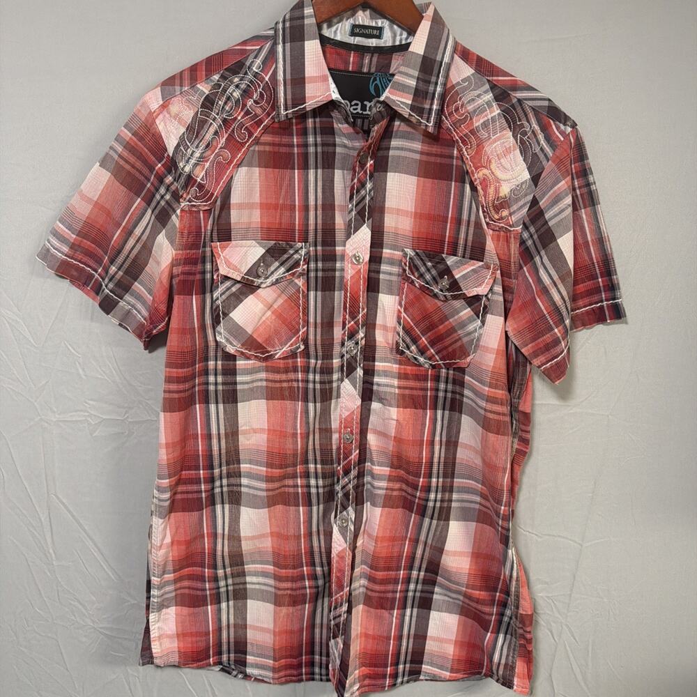 Roar Signature Shirt Mens Medium Plaid Embroidered Cross Western Y2K